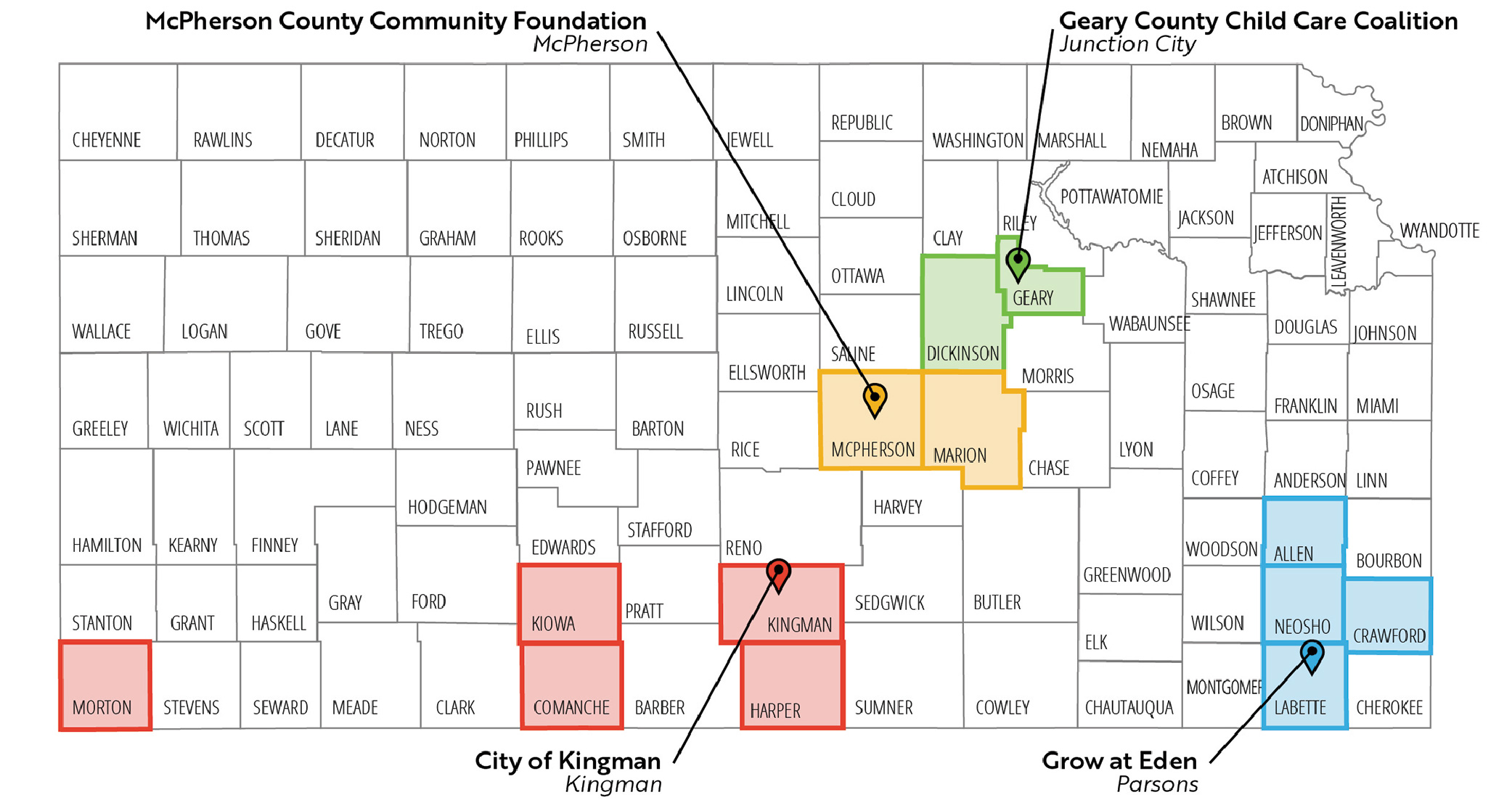 Map of Kansas with four child care zones grantees and the regions they serve.